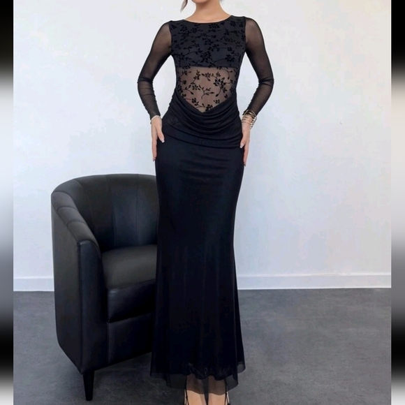 Sexy Flocked Splice Waist Sheer Net Long Sleeve Dress, Modern & Alluring - Picture 1 of 4